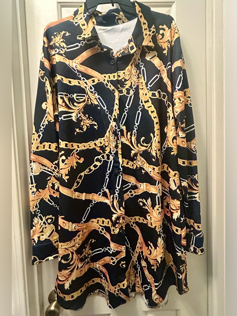 Black & Gold Chain Print Button-Up Dress